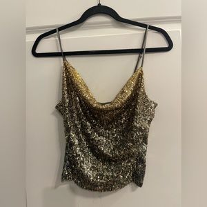 Gold sequin tank top.